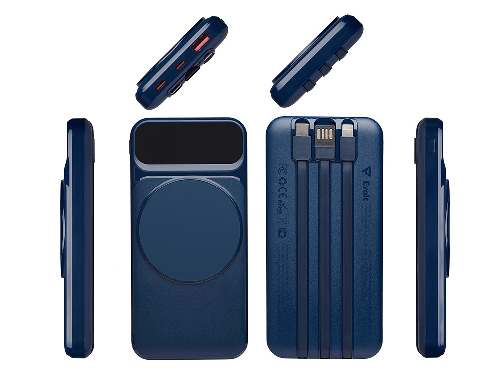 Магнитный беспроводной внешний аккумулятор со встроенными кабелями Мэни, 10000 мАч